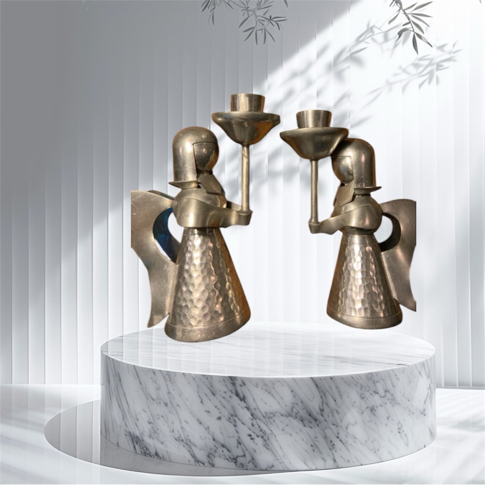 Two hammered pewter angel candle holders, Vintage